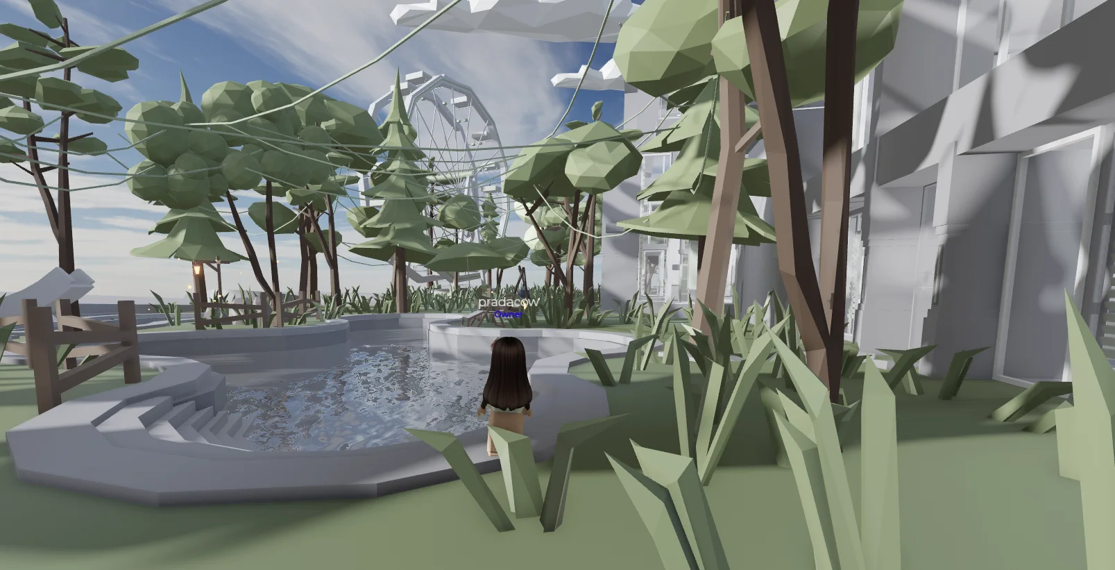 A SweetLeaf Café garden map with an avatar, trees, water, and a ferris wheel
