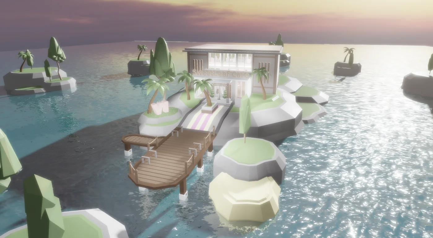 The first SweetLeaf Café standing on a small Roblox island at sunset