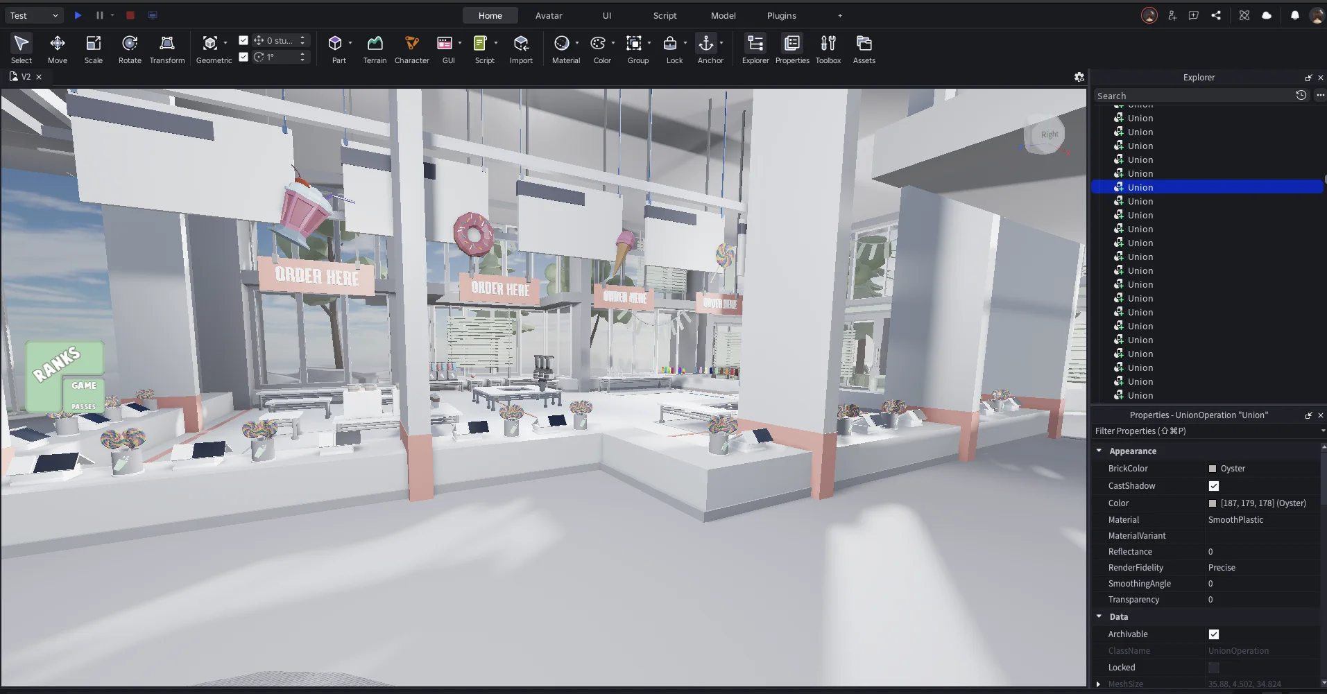SweetLeaf Café V2 open in Roblox Studio, showing its four themed ordering counters