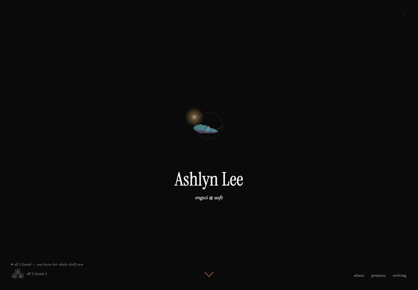 Dark-mode origami hub with the folded firefly, name, navigation, discovery counter, and theme control