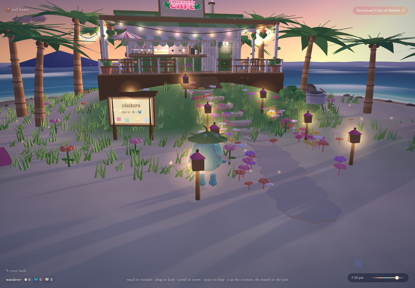 The SweetLeaf river island at sunset with its avatar, café, shoreline, visitor board, and lights