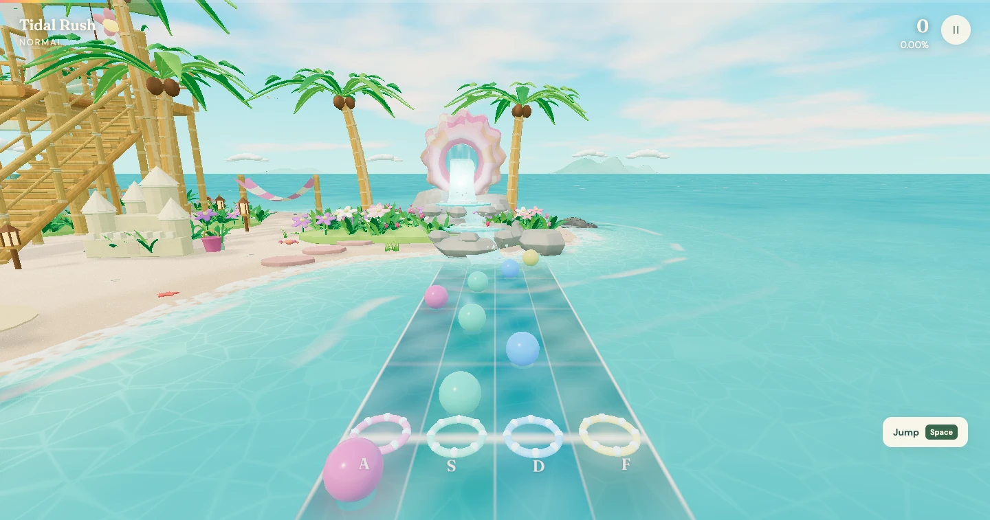 Tidal Rush running inside Sweetleaf Island, with colourful pearls travelling down four lanes over the water